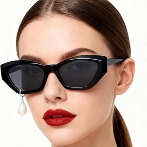 Mincl Cat Eye Black Sunglasses with Pearl Drop